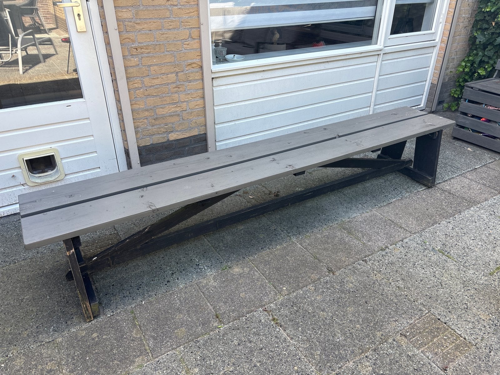 Robuuste houten tuinbank - Grijs, Ophalen, Gebruikt, 125 cm of meer, Rechthoekig
