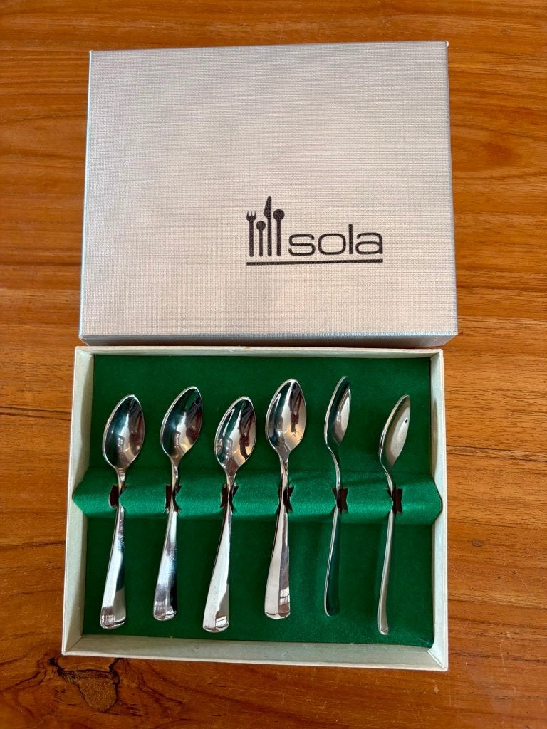 6 lepelstjes merk sola, Ophalen of Verzenden, Zo goed als nieuw, Sola, Rvs of Chroom