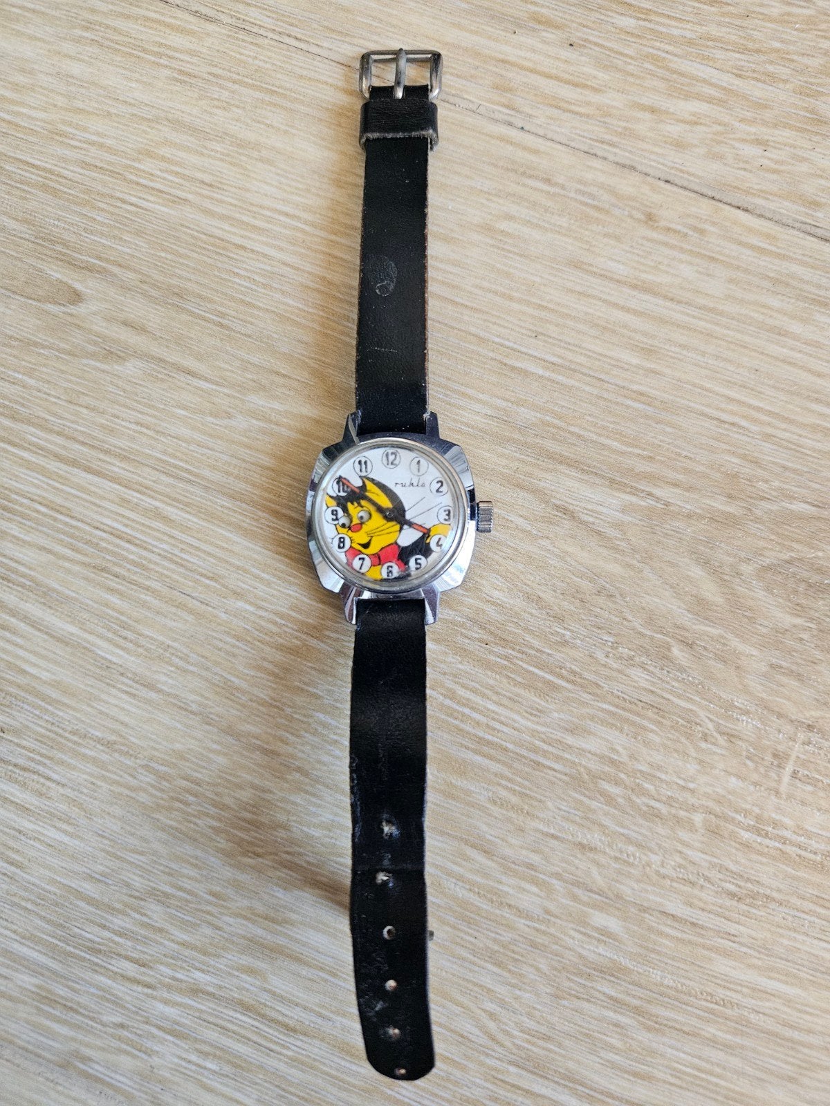 Vintage Ruhla "Wackelaugen" kinderhorloge kat (GDR), Ophalen of Verzenden, Gebruikt, Zwart, Jongen of Meisje