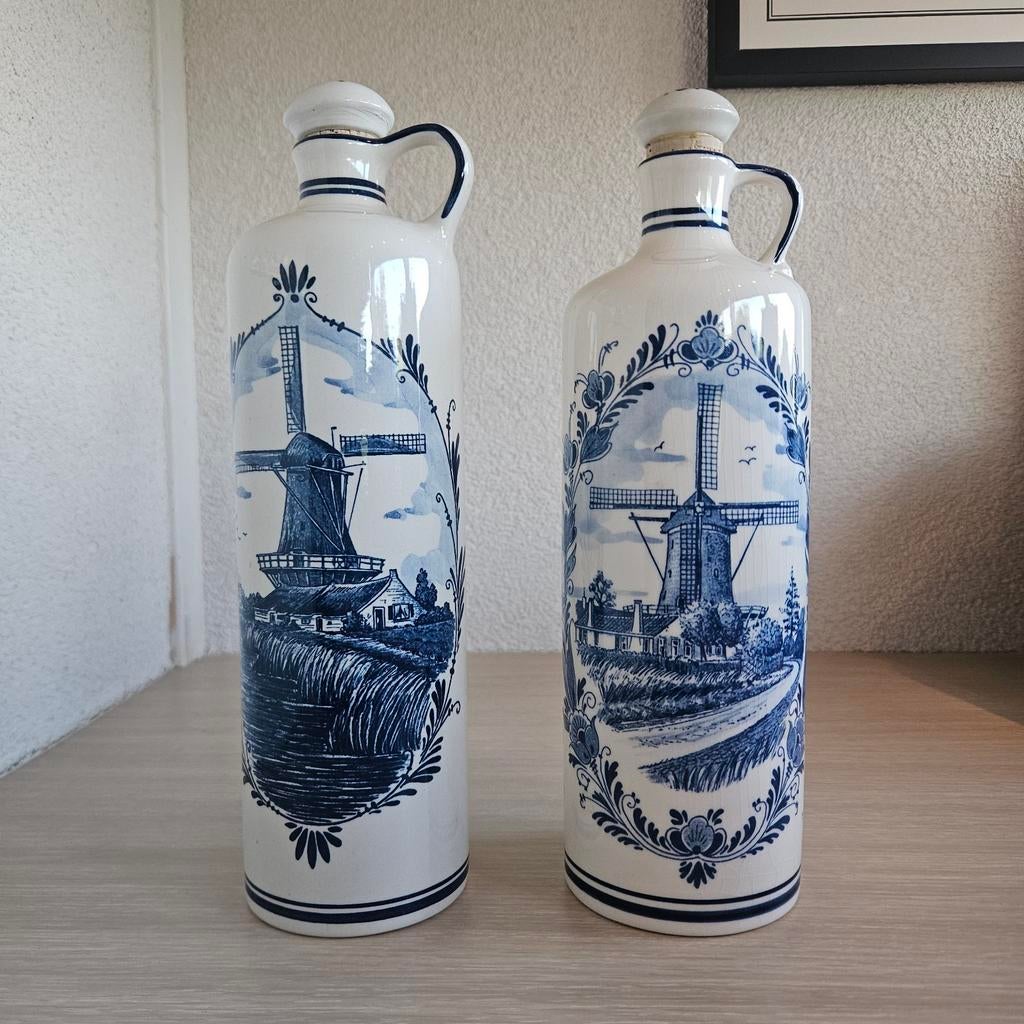 Delfts Blauw flessen met molen decoratie - Set van 2, Ophalen