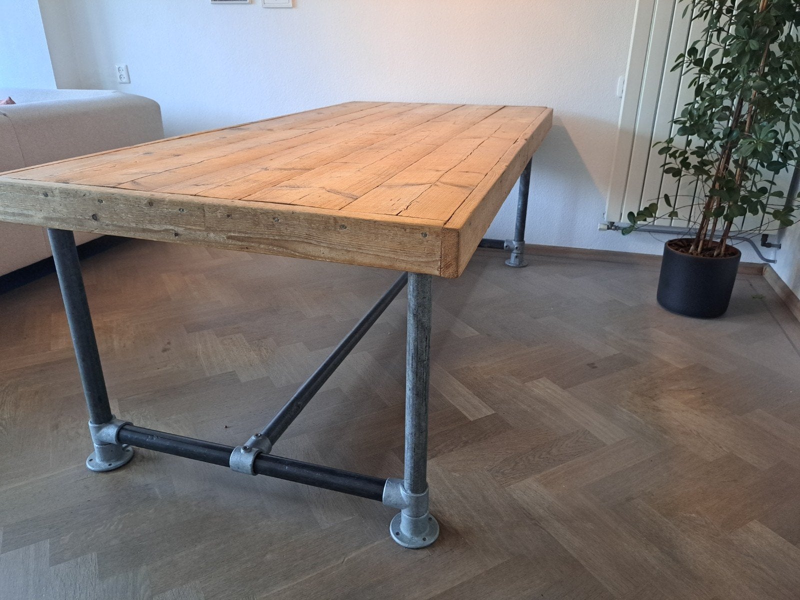 Steigerhouten eettafel 210x103, met buizen, Ophalen, Rechthoekig, 200 cm of meer, 50 tot 100 cm