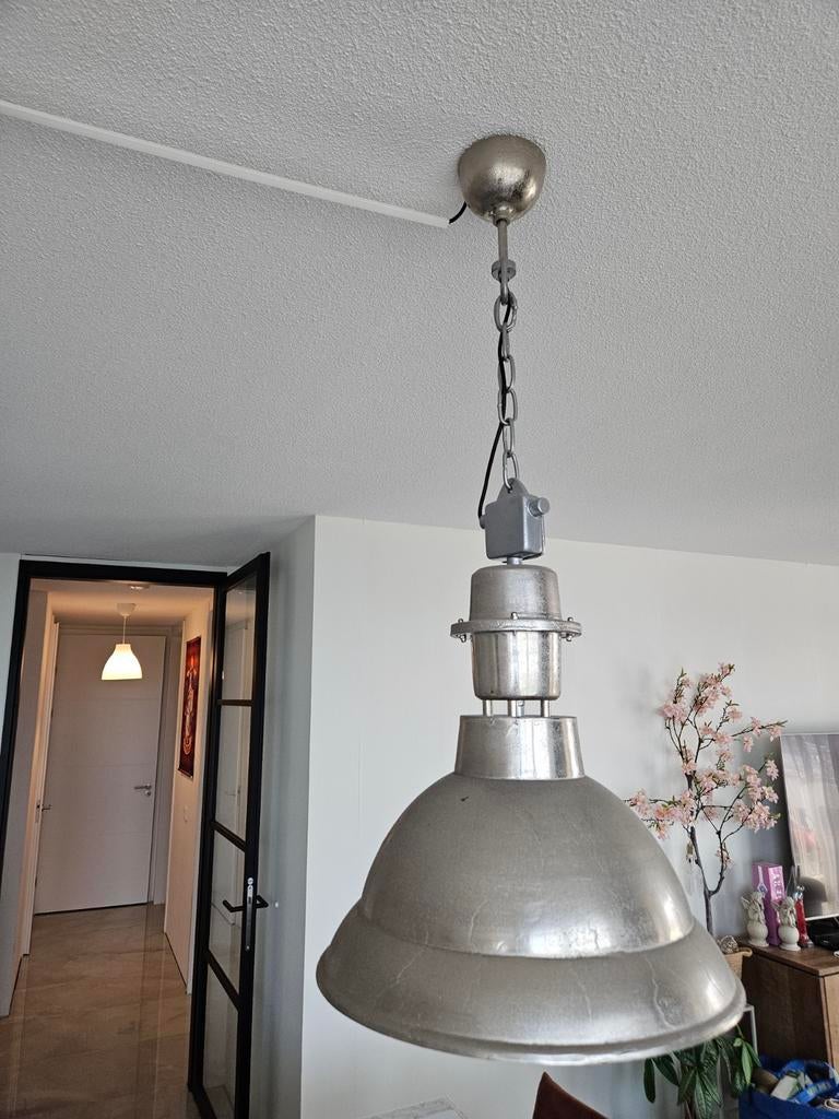 2 industriële hanglampen en 1 grote pot inclusief bloemen, Ophalen
