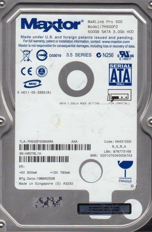 Maxtor MaXLine Pro 500 7H500F0 500GB HDD 3.5" SATA, Computers en Software, Harde schijven, Maxtor, Intern, Gebruikt, Ophalen of Verzenden