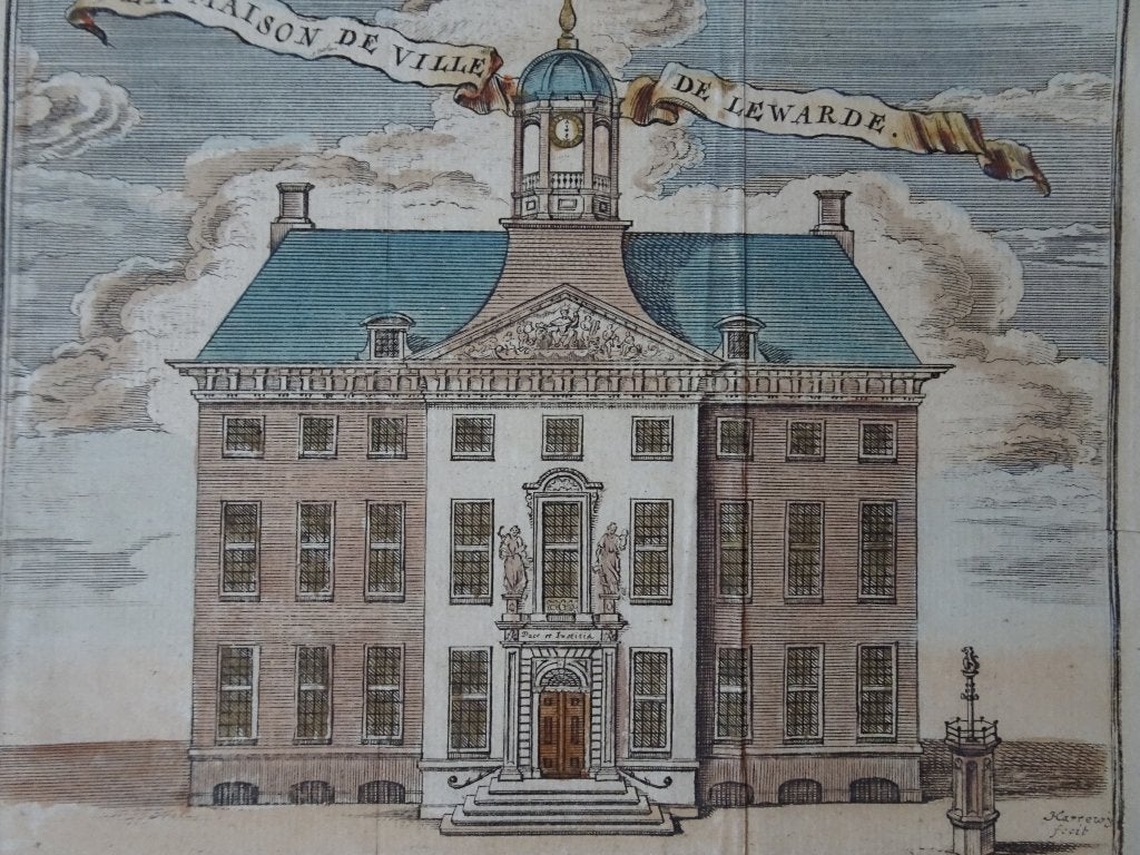 Gekleurde gravure Stadhuis van Leeuwarden Harrewijn 1720, Antiek en Kunst, Architectuur, Ophalen of Verzenden, Gravure, 1700 - 1799