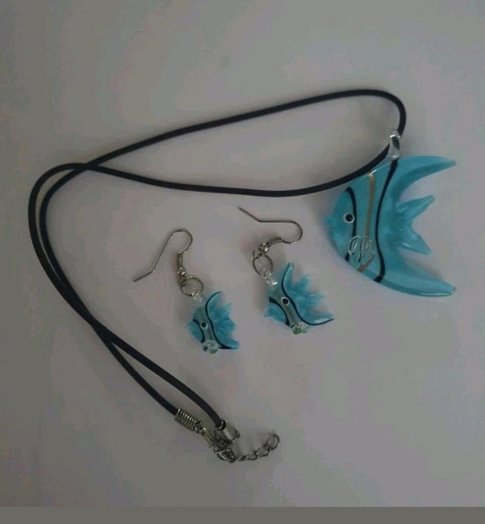 Vintage ketting en oorbellen van glas (Maanvis), Ophalen of Verzenden, Zo goed als nieuw, Overige materialen