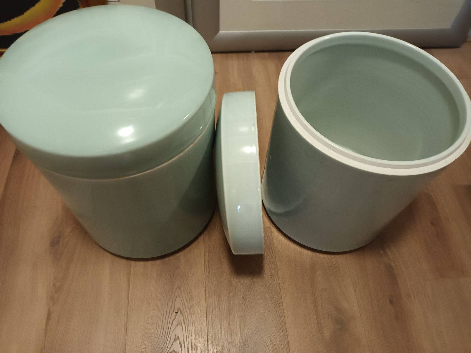 2 turquoise dekselpotten - H40cm, Ø32cm, Ophalen, Gebruikt, Groen