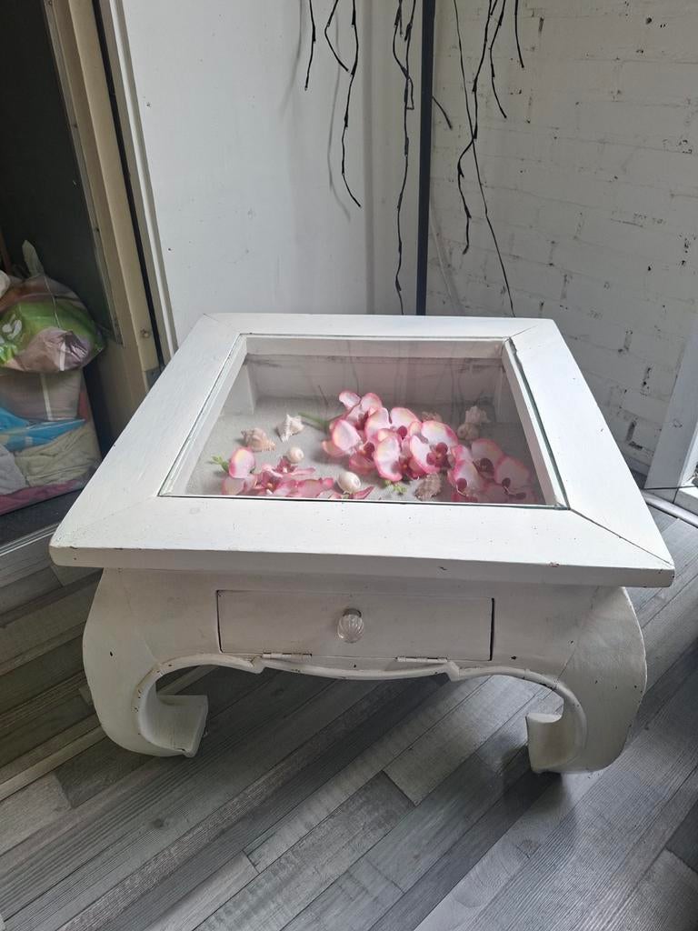 Witte salontafel met glazen blad en lade, Ophalen, Gebruikt, 50 tot 100 cm, Glas