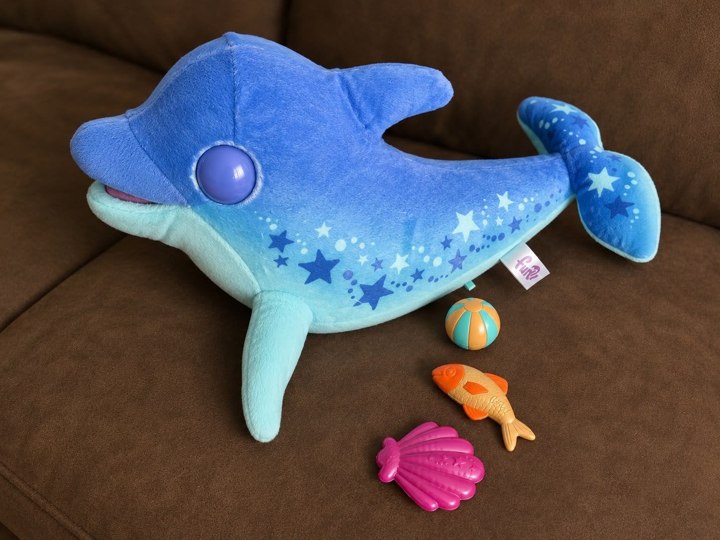 Blauwe dolfijn knuffel met sterren en accessoires, Ophalen, Gebruikt, Overige merken, Overige karakters