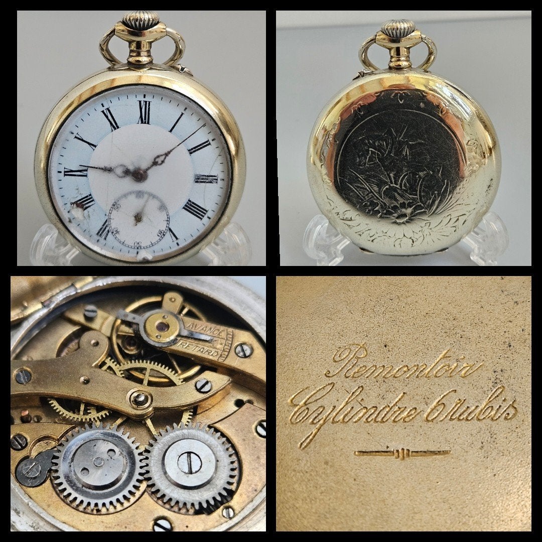 Antiek Remontoir heren zakhorloge met gravure,  paard, Ophalen of Verzenden