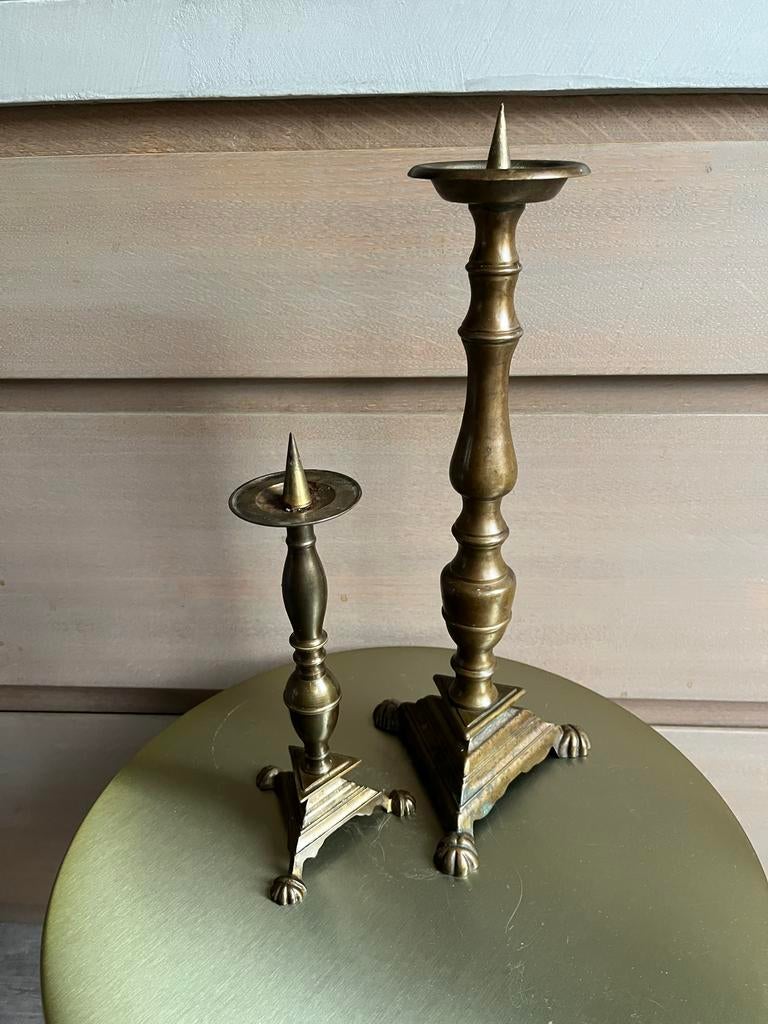Set van 2 antieke koperen/bronzen kandelaars, 18e/19e eeuw, Antiek en Kunst, Ophalen of Verzenden, Koper of Brons