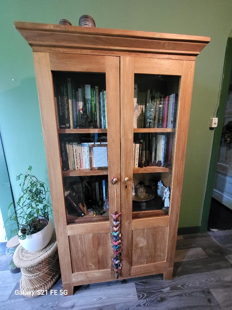 Teakhouten vitrinekast, Huis en Inrichting, Kasten | Vitrinekasten, Ophalen, Glas, 50 tot 100 cm, 150 tot 200 cm