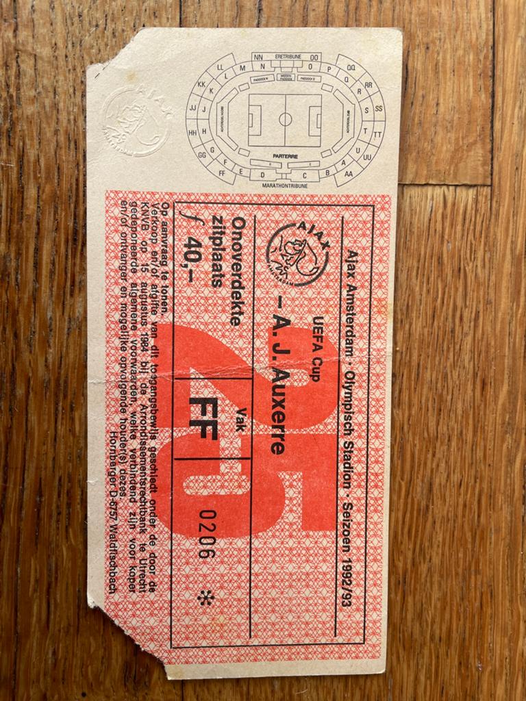 Ticket Ajax - Auxerre, kwartfinale UEFA Cup, 1992/1993, Ophalen, Gebruikt, Ajax, Overige typen