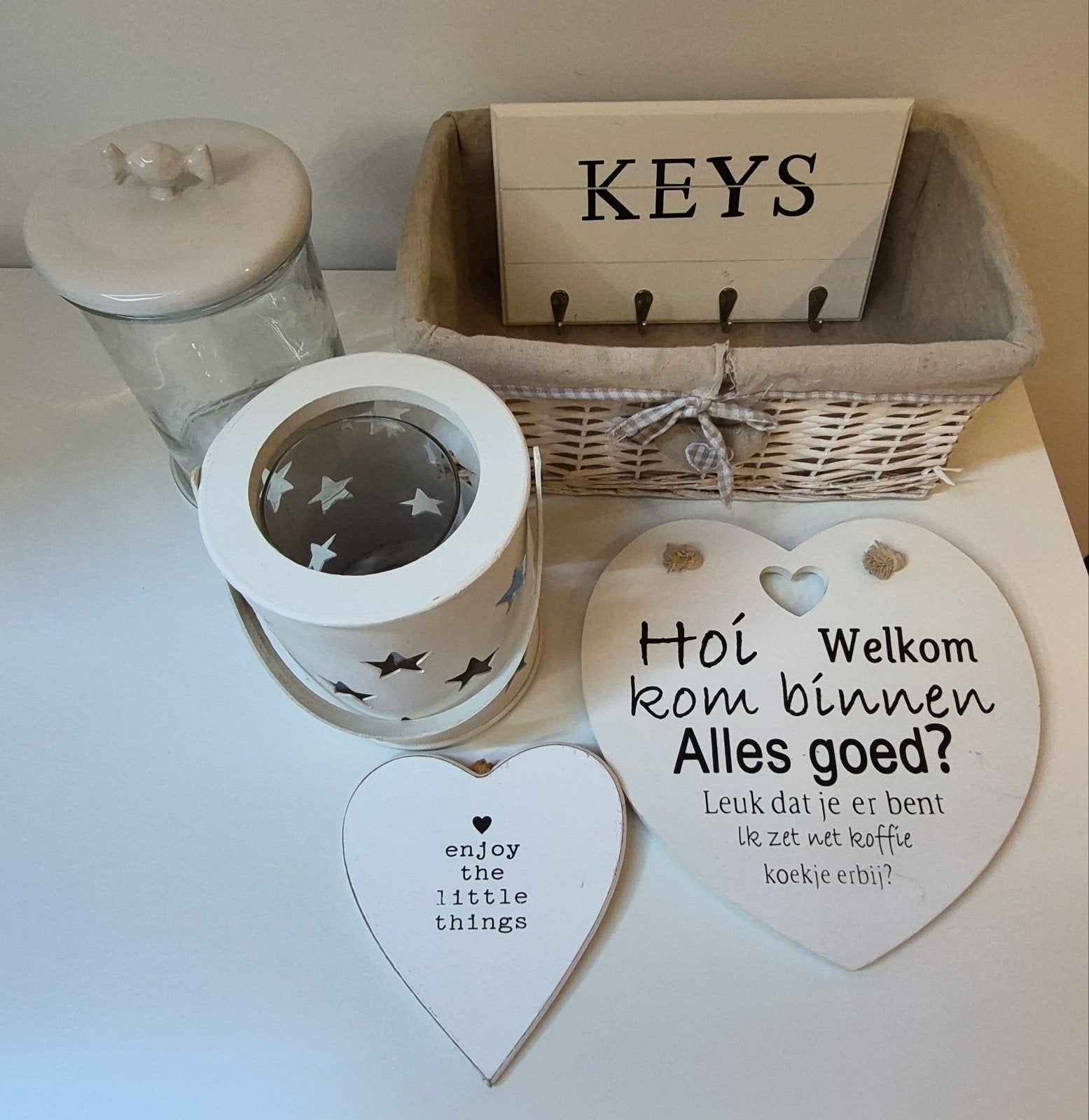 Landelijk decoratiepakket: mand, snoeppot, windlicht etc, Ophalen, Hout, Gebruikt, Landelijk