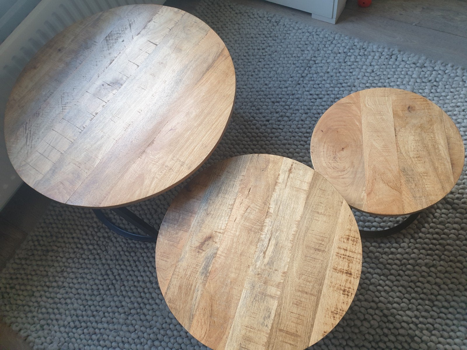 3 salontafeltjes, mangohout, kwaliteitsset, Ophalen, 50 tot 100 cm, Industrieel landelijk, Rond