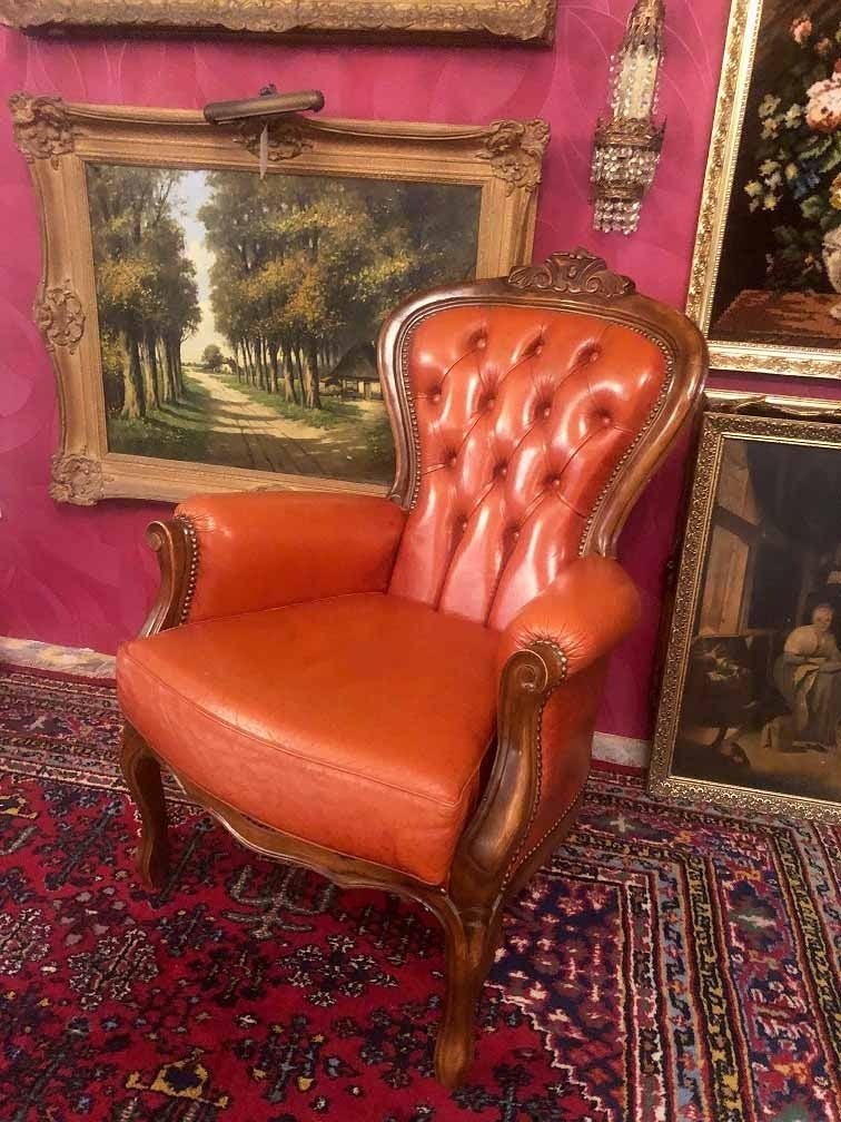 Barok fauteuil leren chesterfield antieke stoel oranje bruin, Ophalen