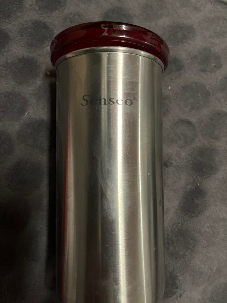 Senseo Koffiepadhouder RVS met rood deksel, Koffiepads en cups, Gebruikt, Overige modellen, 10 kopjes of meer