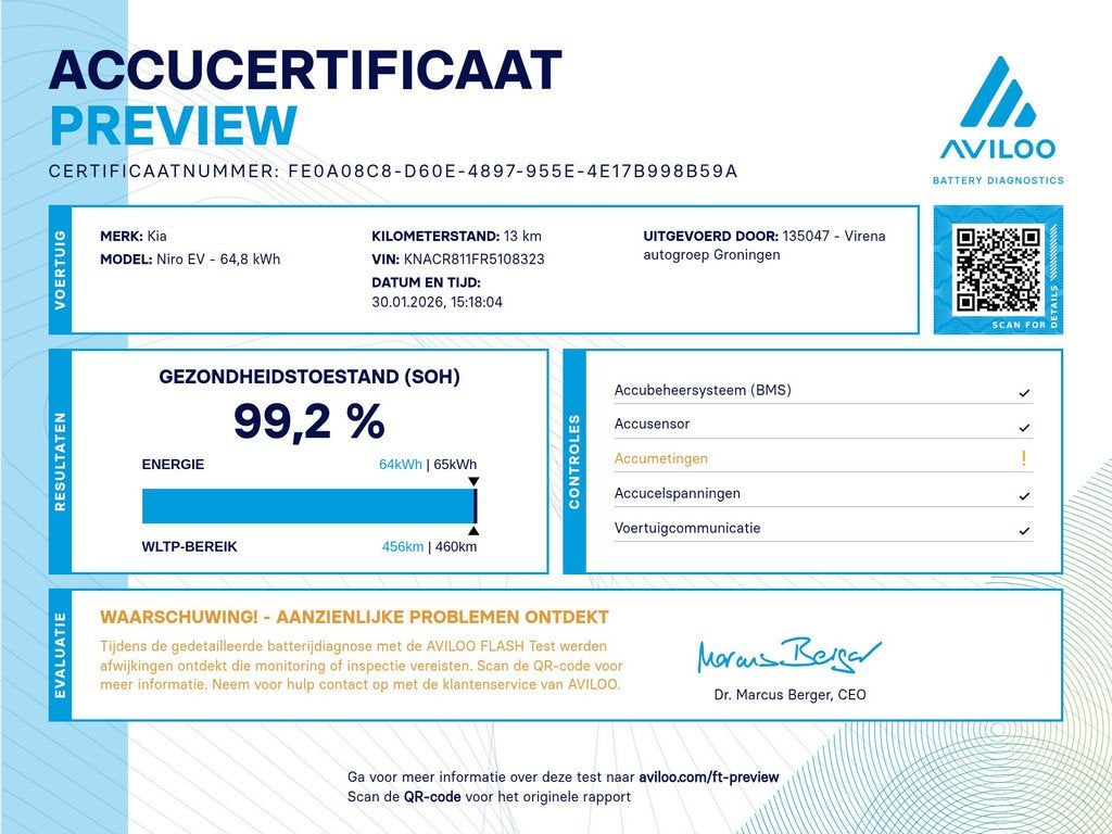 Kia Niro EV DynamicLine 64.8 kWh - SOH 99,2% - Navigatie - A, Auto's, Kia, 12 maanden, 750 kg, 1657 kg, Zwart