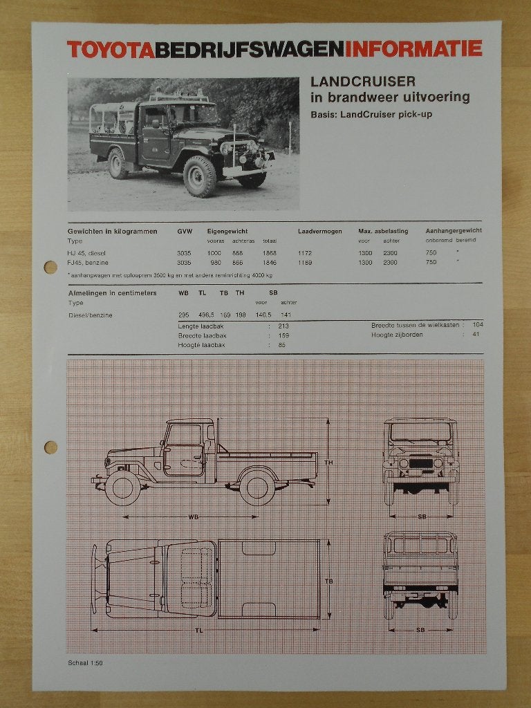 Toyota LandCruiser Brandweer Pick-up FJ45 BJ45 Brochure 1980, Toyota, Ophalen of Verzenden, Zo goed als nieuw, Toyota