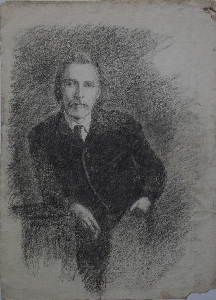 Cloyd Lee Boykin krijttekening Leunende Rokende Man met Snor, Antiek en Kunst, Kunst | Tekeningen en Foto's, Ophalen, Tekening