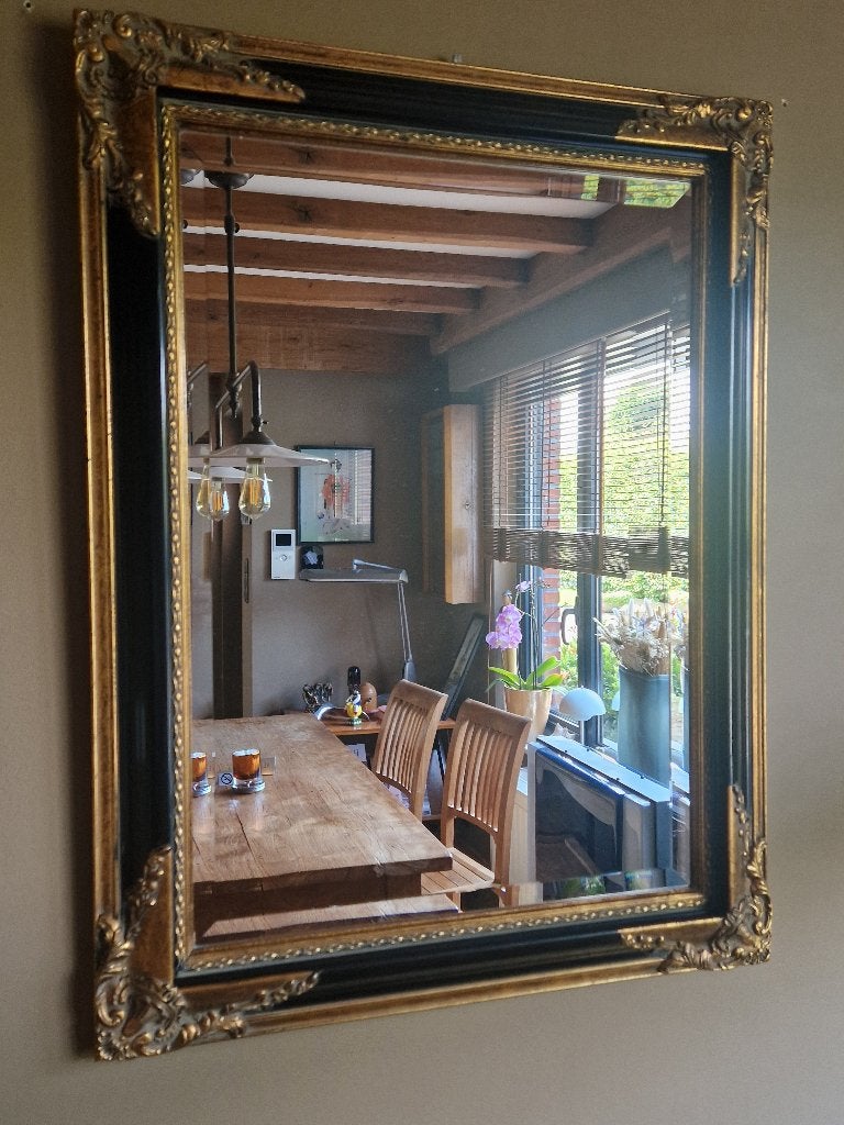 Vintage verguldde gouden stijl en zwart gelakte wandspiegel, Antiek en Kunst, Antiek | Spiegels, Ophalen, Rechthoekig, 50 tot 100 cm