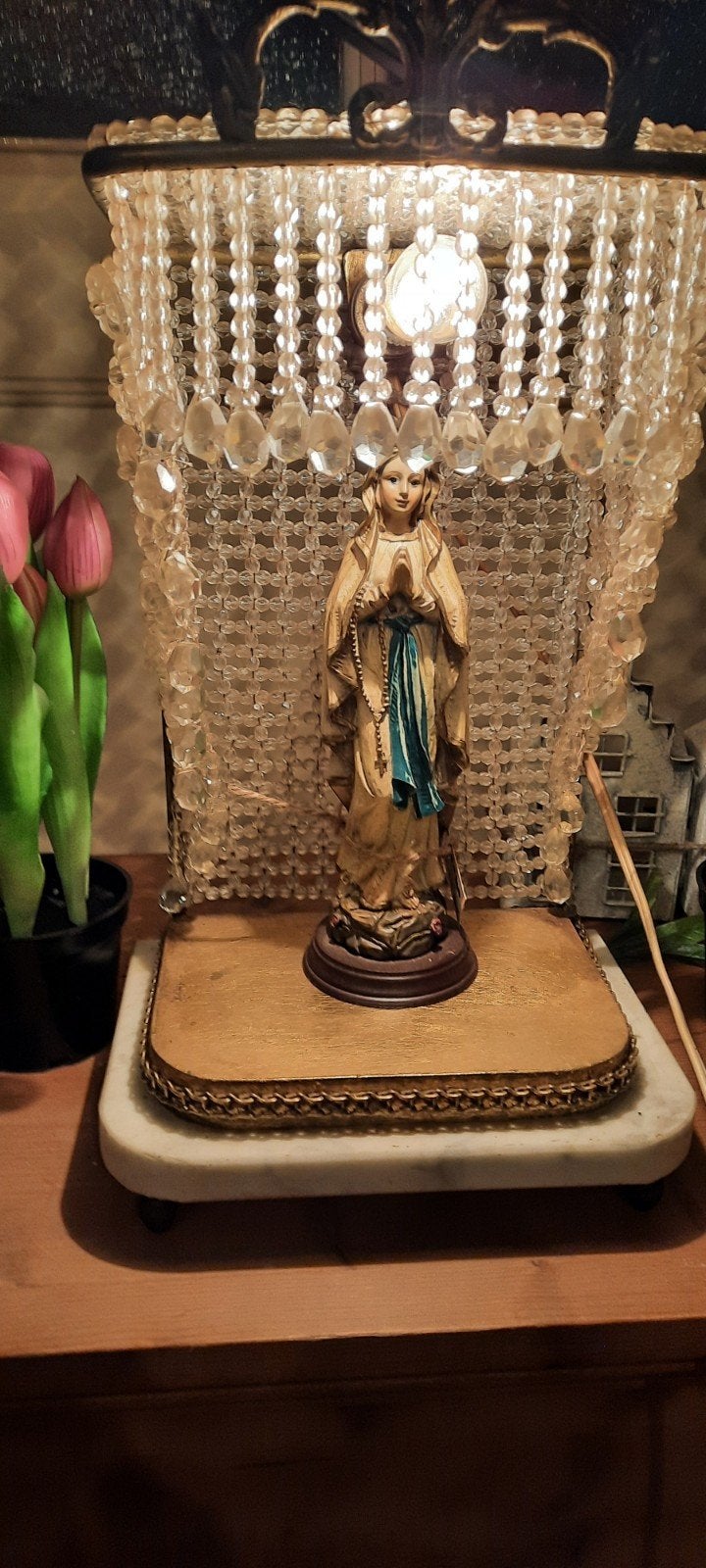 antieke kristallen decoratie met marmeren voet verlichting, Ophalen of Verzenden