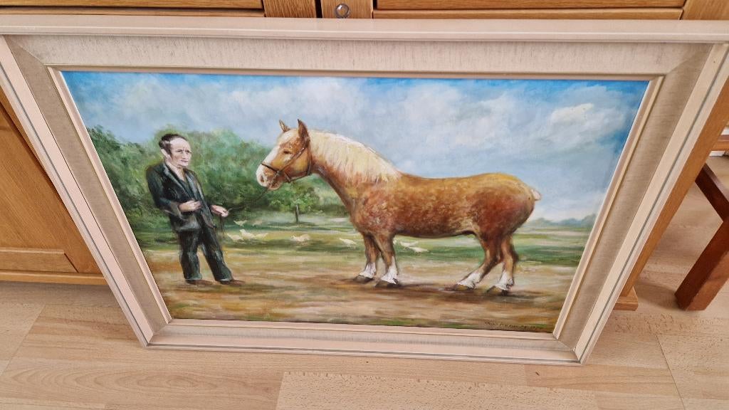 oud schilderij op doek gesigneerd man met paard, Antiek en Kunst, Kunst | Schilderijen | Klassiek, Ophalen of Verzenden