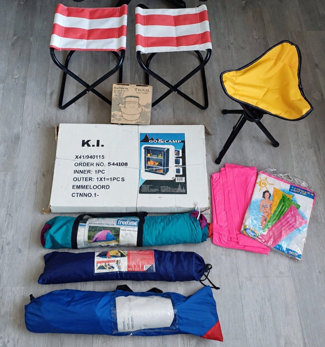Camping/strandspullen: stoelen, kastje, fluitketel, tente, Ophalen of Verzenden, Gebruikt