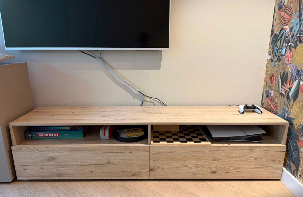 TV Meubel hout 2 planken 2 deuren 180x40x40cm nieuwstaat, Ophalen, 150 tot 200 cm, Zo goed als nieuw, Minder dan 100 cm