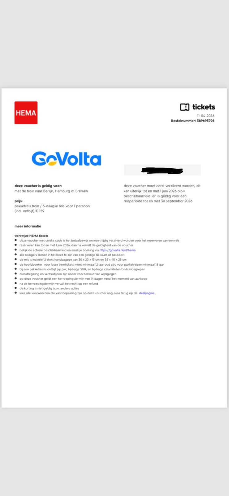 Govolta Hema 3 day Package Train+Hotel, Tickets en Kaartjes, Kortingen en Cadeaubonnen, Twee personen, Kortingsbon