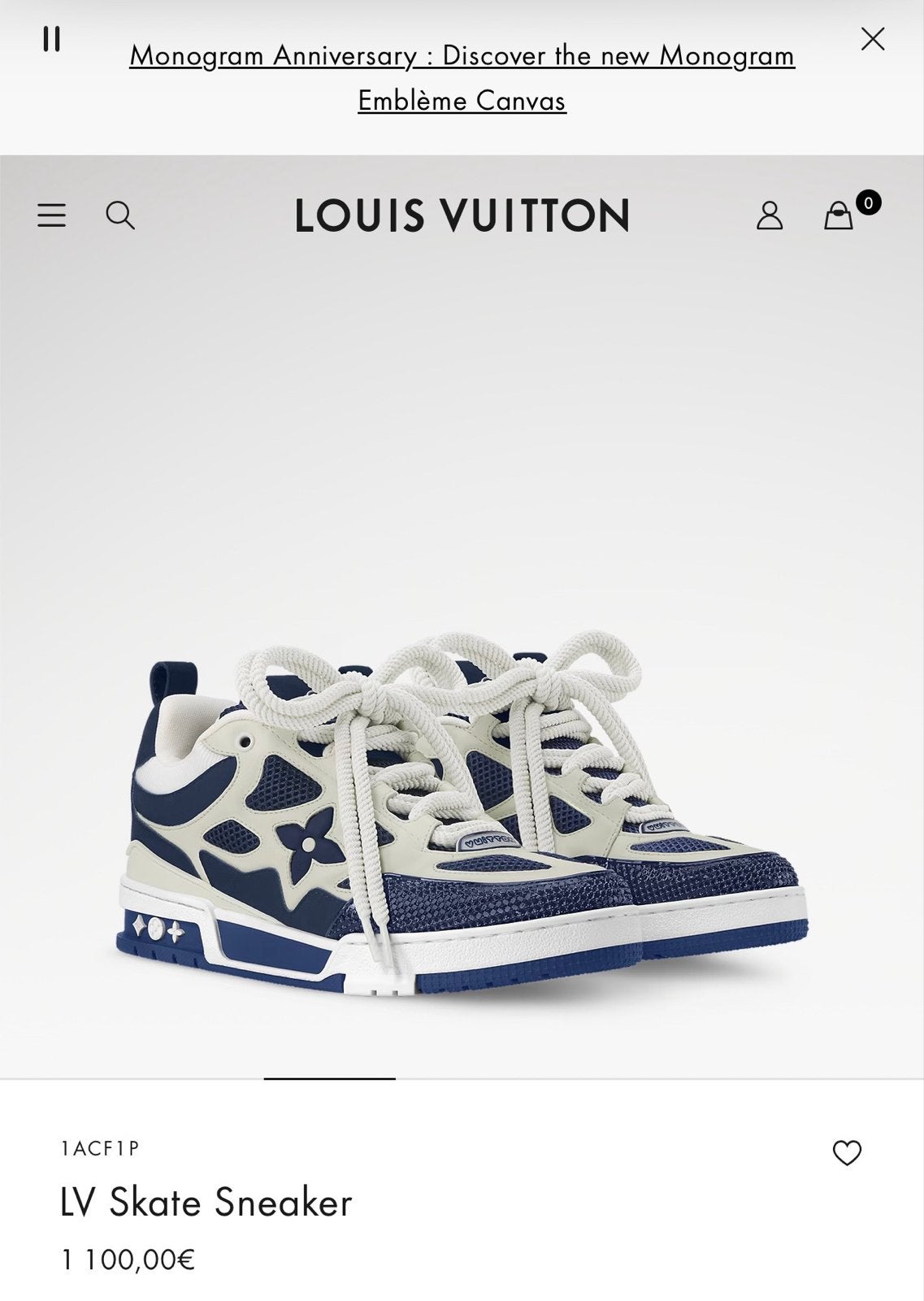 Louis Vuitton LV Skate Sneaker Maat 38, Blauw, Ophalen of Verzenden, Sneakers of Gympen, Zo goed als nieuw