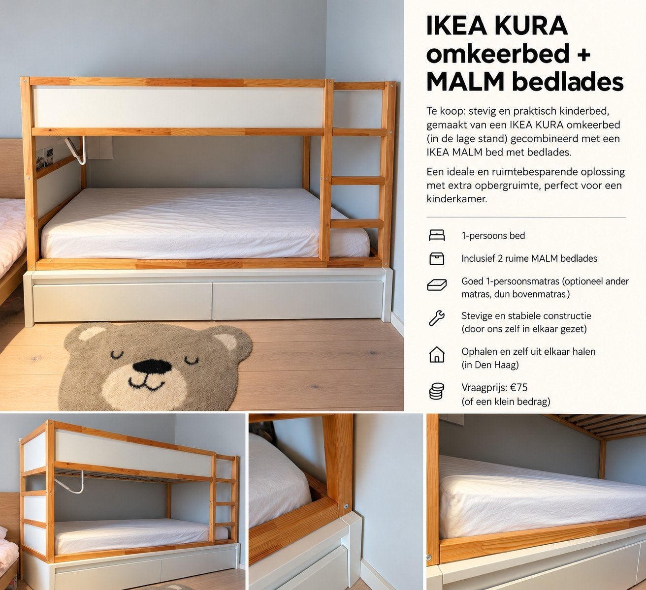IKEA KURA bed met MALM opberglades: stapelbed 2 kids, Ophalen of Verzenden, Gebruikt, Eenpersoons, Stapelbed