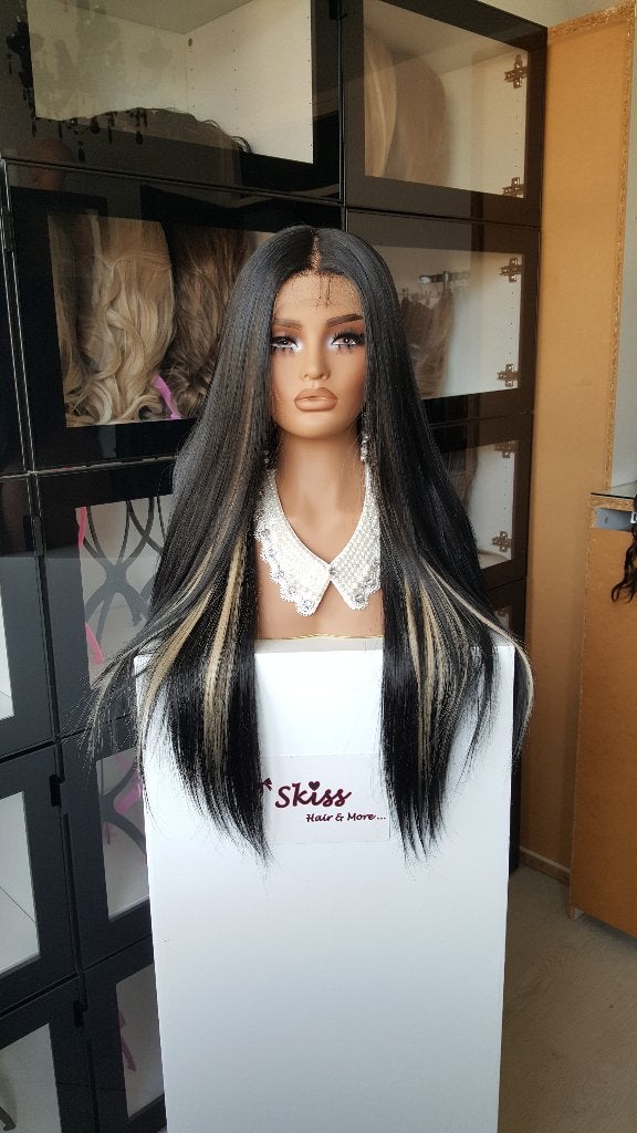 Basic Lace Pruik: Zwart met Blonde plukken - Stijl - 70cm, Ophalen of Verzenden, Nieuw, Pruik of Haarverlenging