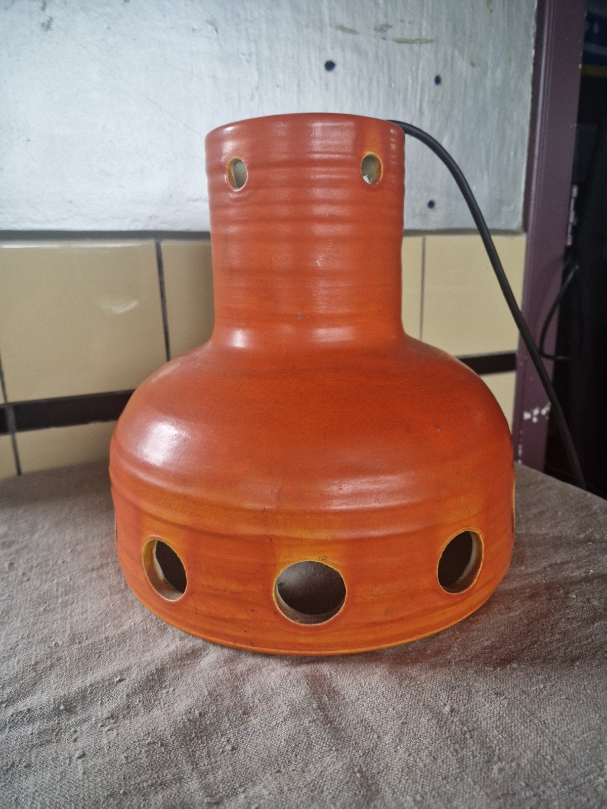 Vintage Oranje keramiek Mobach hanglamp jaren 1960 - 1970, Ophalen of Verzenden, Gebruikt, E27 (groot)