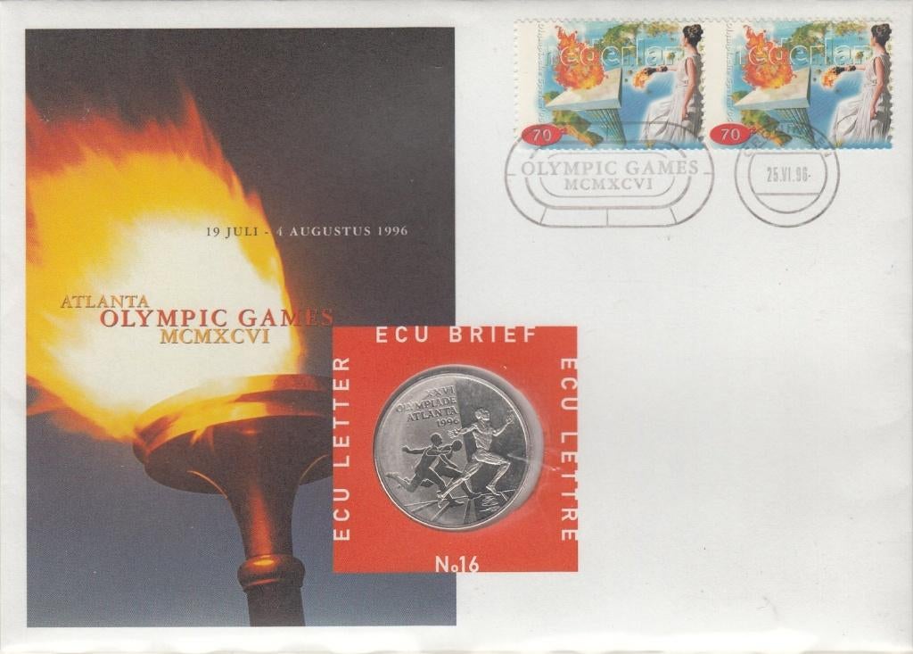 Nederland ECU brief No. 16 Olympische Spelen '96 + penning, Postzegels en Munten, Penningen en Medailles, Ophalen of Verzenden