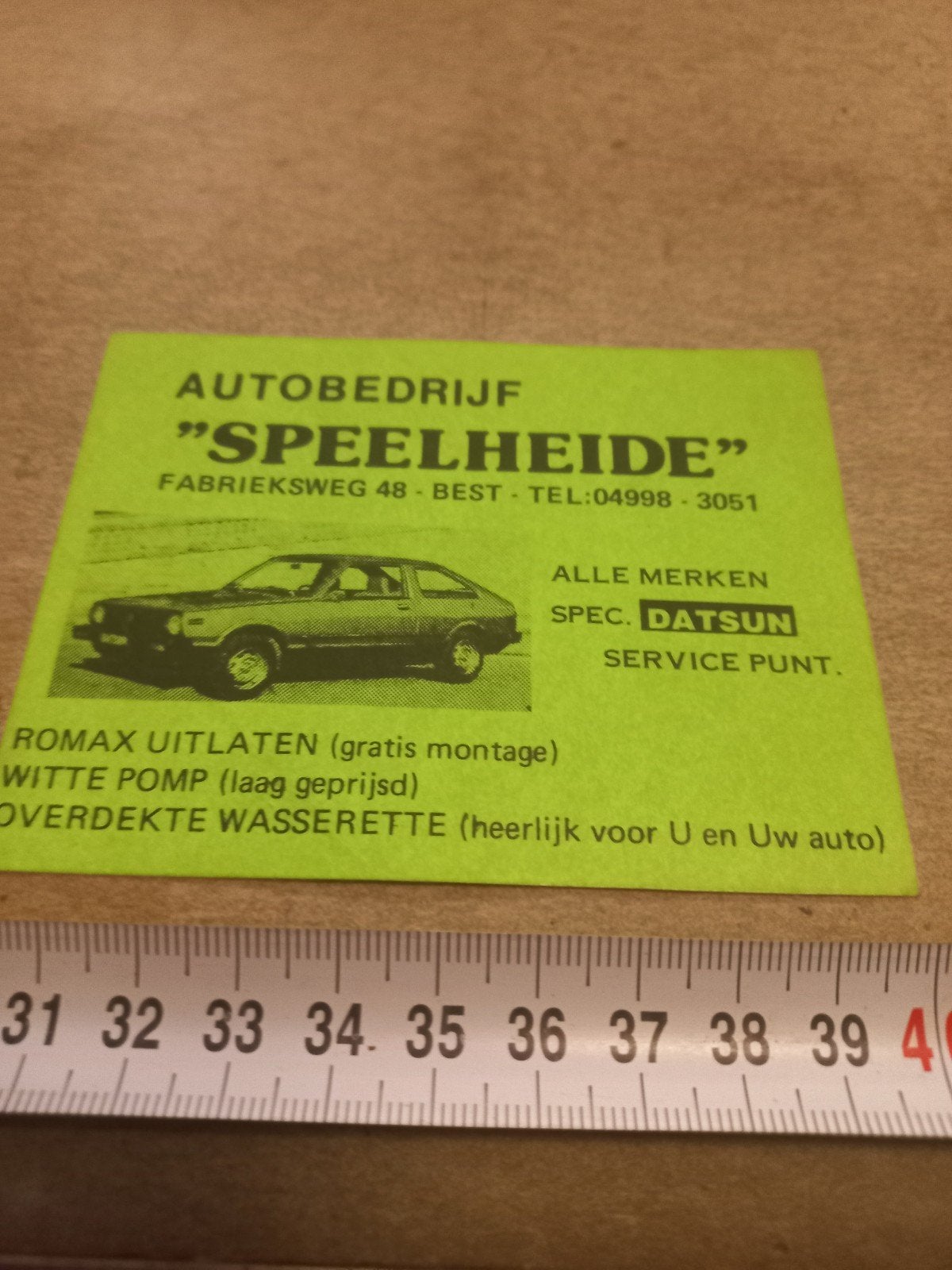 Vintage Autobedrijf "Speelheide" Reclamekaart Datsun, Ophalen of Verzenden, Gebruikt