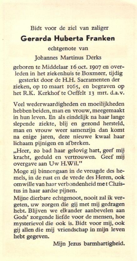 Franken Gerarda Huberta Middelaar 1907-1965 Oeffelt, Ophalen of Verzenden