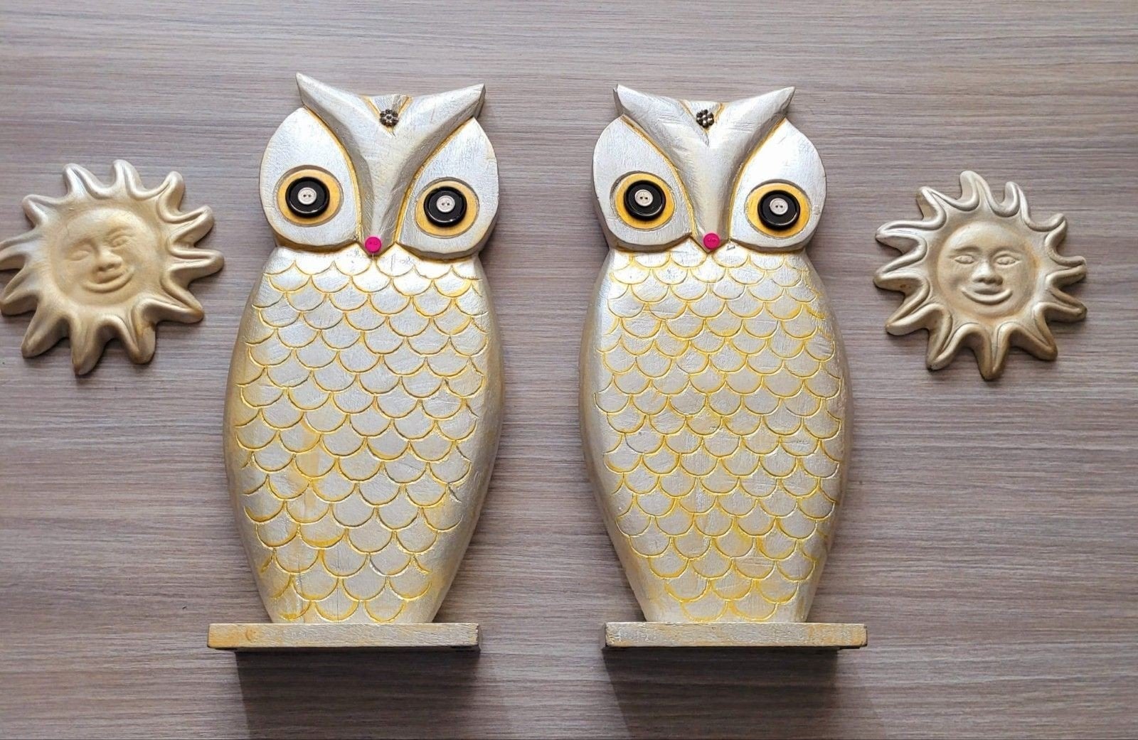 Decoratieve Uilen en Zonnen Beeldjes Set, Hout, Meerkleurig, Overige stijlen, Ophalen of Verzenden