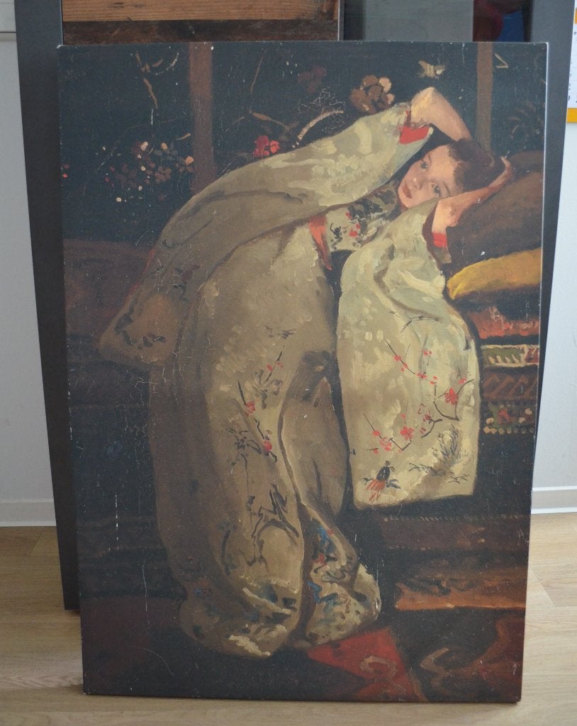 Groot schilderij "Meisje in kimono" – 103  71 cm, Ophalen of Verzenden, Op houten frame