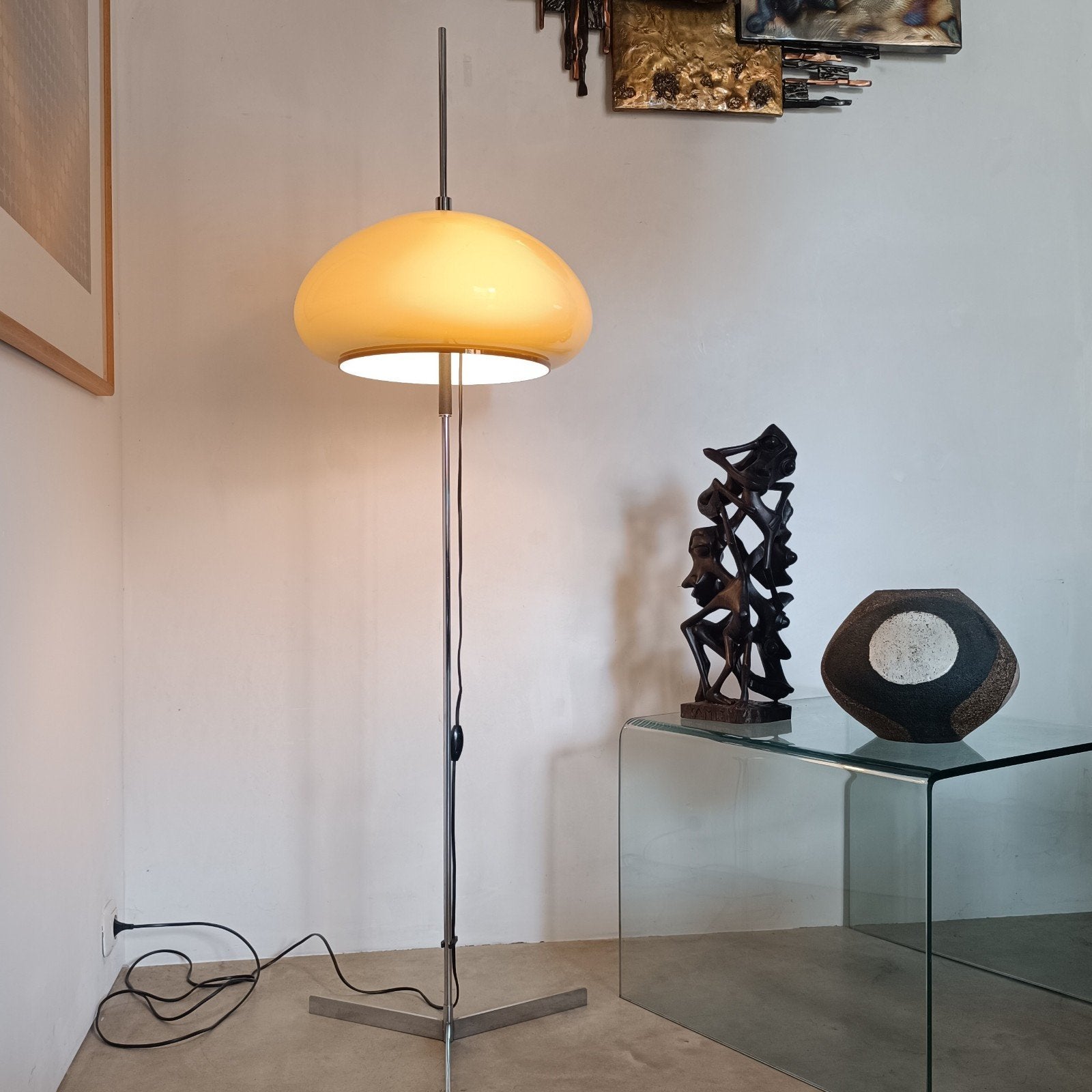 Vintage Beige/Taupe Mushroom Vloerlamp 1970's, Huis en Inrichting, Lampen | Vloerlampen, Ophalen, Kunststof, Gebruikt, E27 (groot)