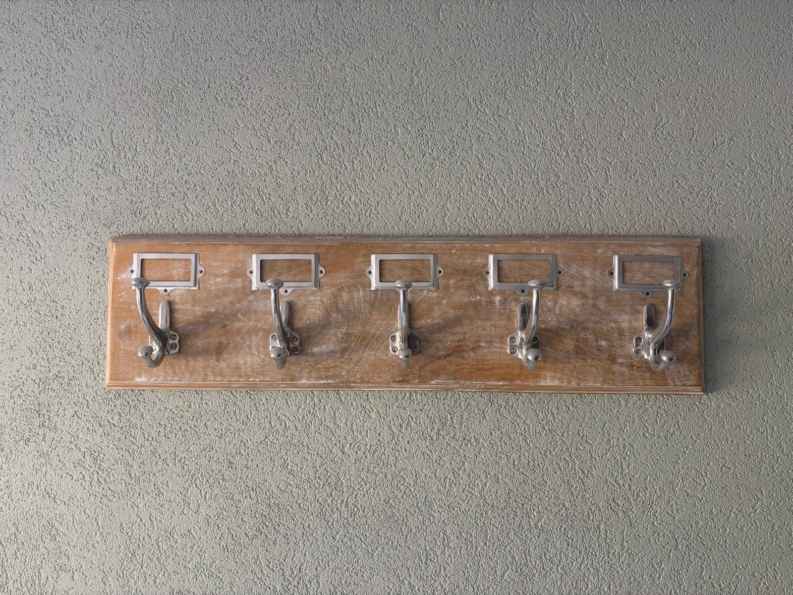 Houten wandkapstok met 5 haken en labelhouders, Wandkapstok, Gebruikt, Ophalen of Verzenden, Minder dan 100 cm
