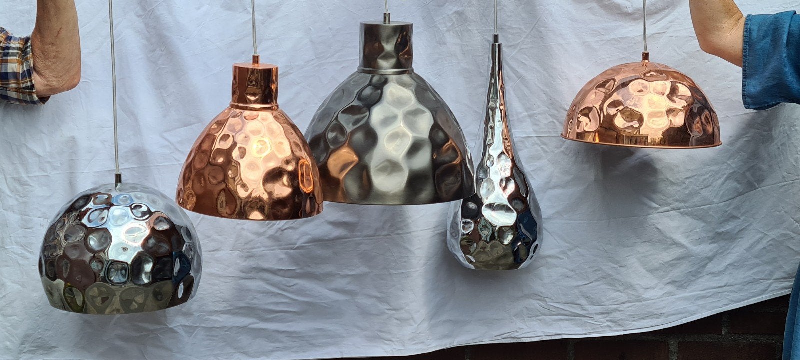 Set van 5 Straluma hanglampen, koper en chroom, gehamerd, Ophalen, E27 (groot), Zo goed als nieuw, Modern, Industrieel, Glamour