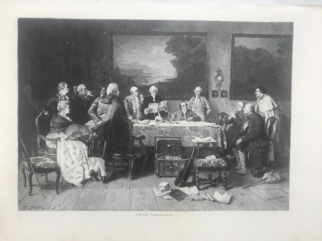 J.Munch: Testamentseröffnung 1880, or. gravure, 32x23cm.Mooi, Origineel, Dagelijks leven, 1800 - 1899, Ophalen of Verzenden
