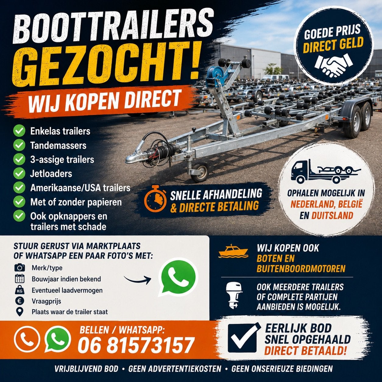 ✅ GEZOCHT / INKOOP BOOT TRAILERS WIJ KOPEN UW TRAILER ✅, Minder dan 1500 kg, Verstelbare verlichting, 6 tot 9 meter, Overige typen