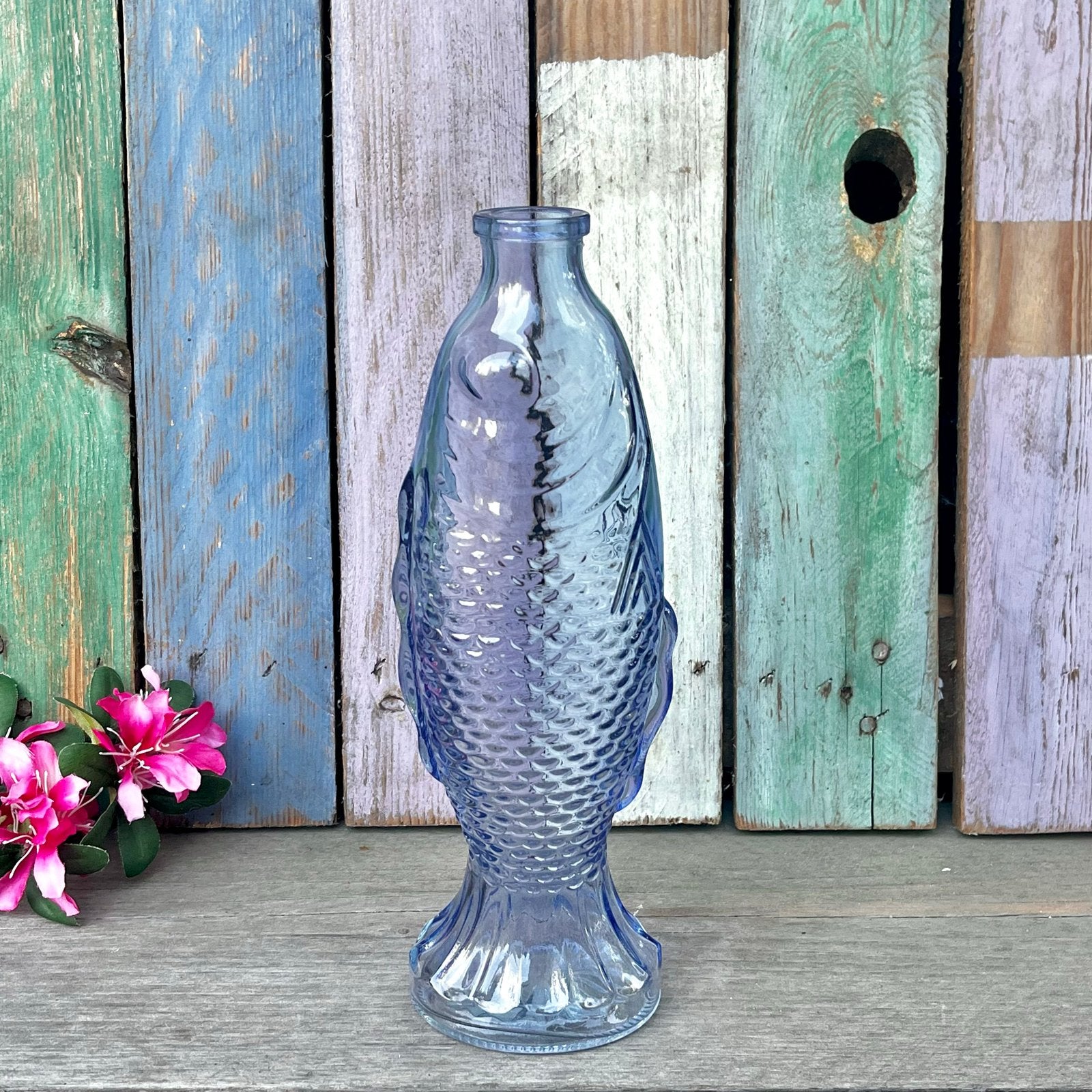 Glazen vis fles vaas lila blauw vissen flesvaas, Ophalen of Verzenden, Gebruikt, Paars, Glas