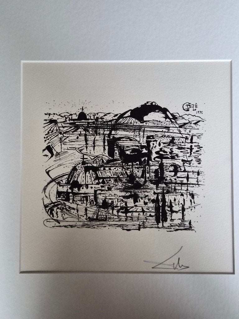 Salvador Dalí – Ville imaginaire | handgesigneerde houtsnede, Antiek en Kunst, Kunst | Litho's en Zeefdrukken, Met glas, Houtsnede