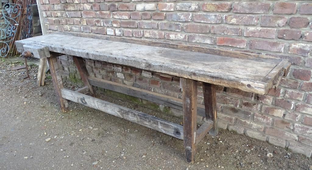 oude houten werkbank met bankschroef sitetabel werktafel, Ophalen