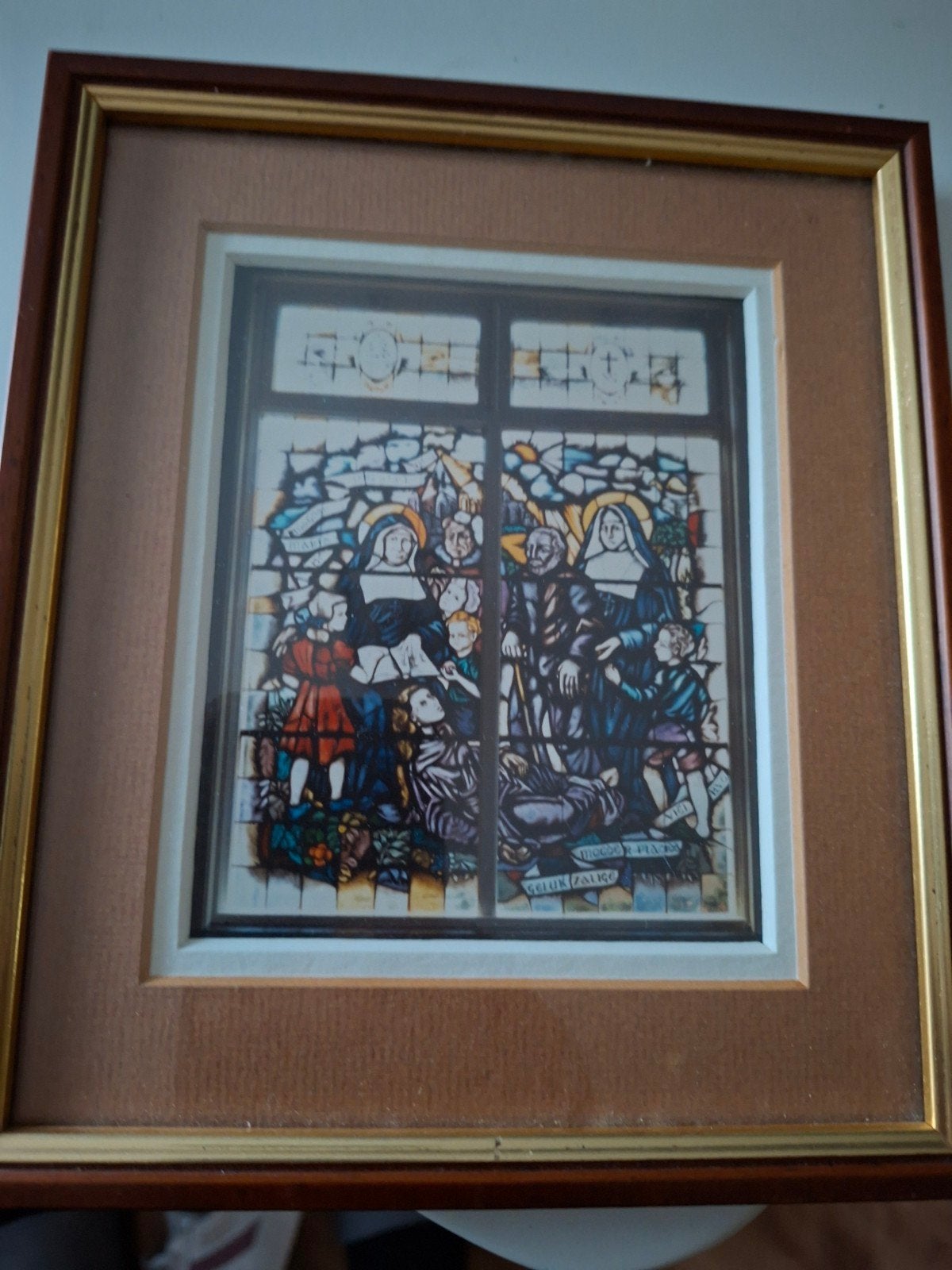 Ingelijste reproductie van glas-in-loodraam, Portret of Personen, Achter glas, Ophalen of Verzenden, Klassiek