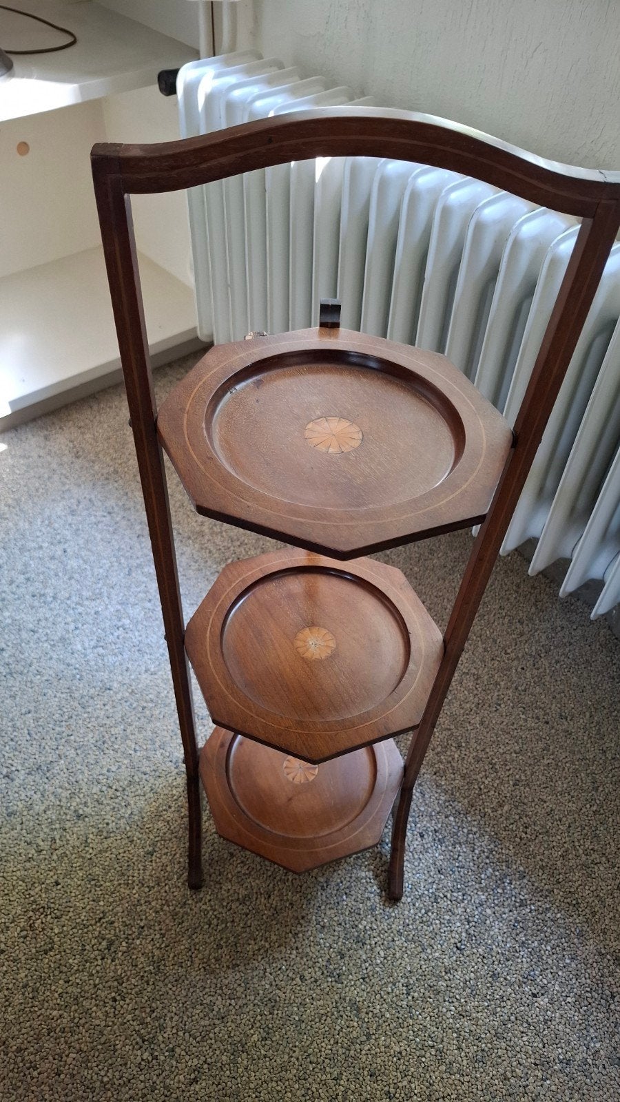 Antieke Engelse Cakestand (ca. 1900) - Mahonie met inlegwerk, Ophalen, Etagère, Met handvat, Zo goed als nieuw
