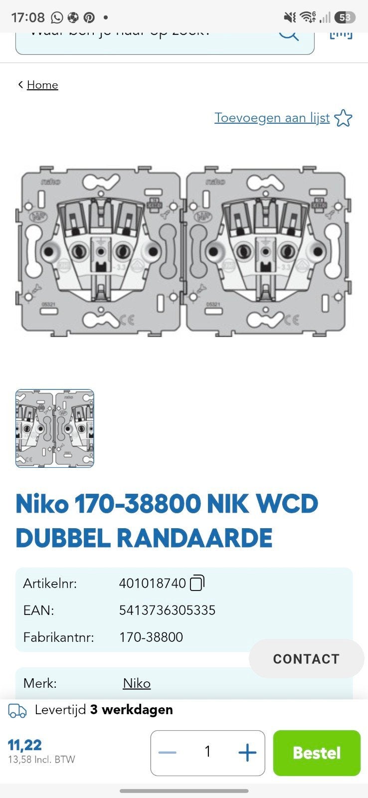 13st Niko wandcontactdoos dubbel vast 170-308800, Hobby en Vrije tijd, Stempelen, Ophalen, Gebruikt