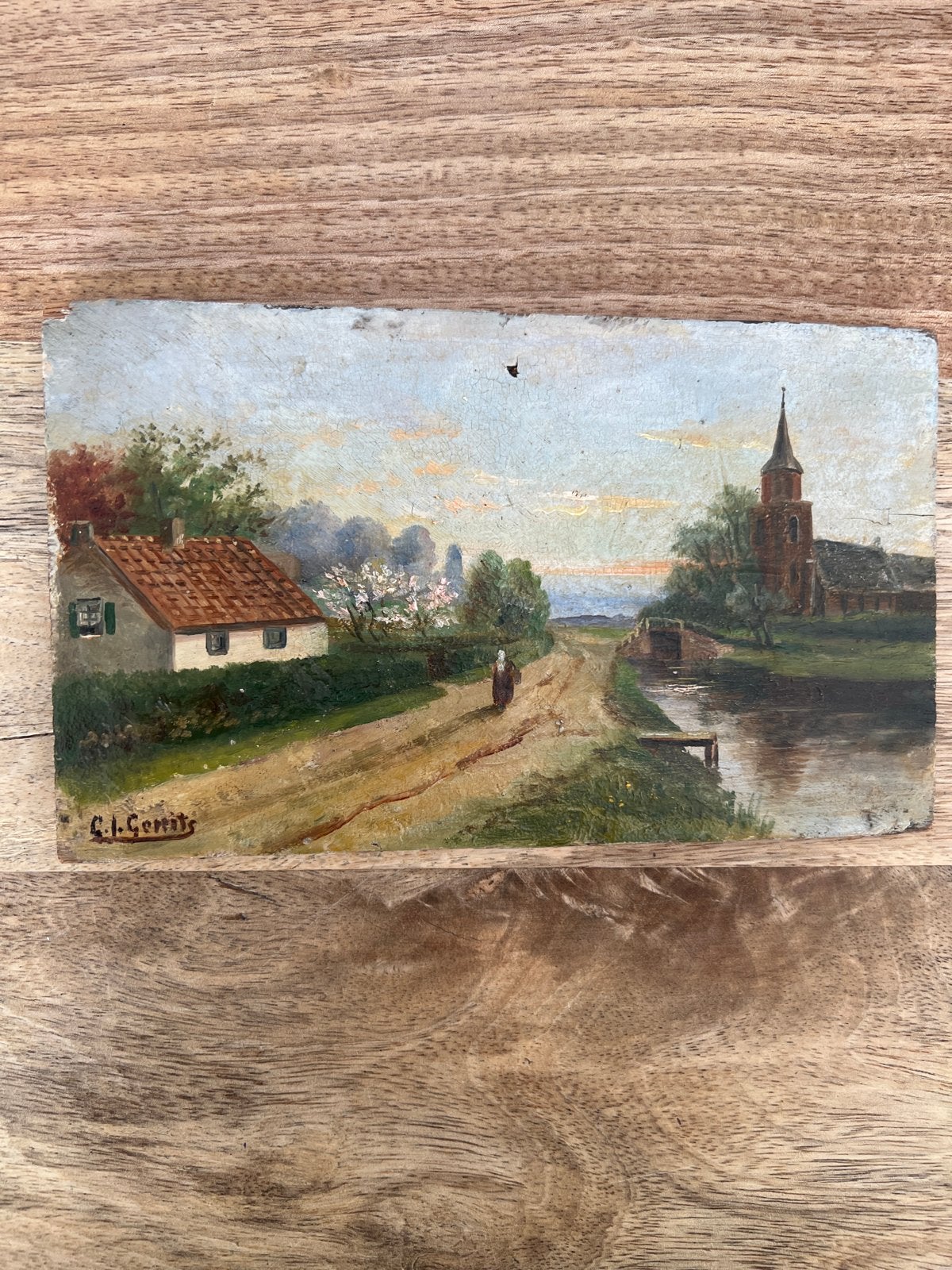 Oud Hollands landschap met kerk en huisje - C.J. Gerrits, Paneel, Oud hollands, Ophalen of Verzenden, Gesigneerd
